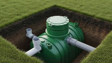 Fosse septique verte installée dans un jardin.