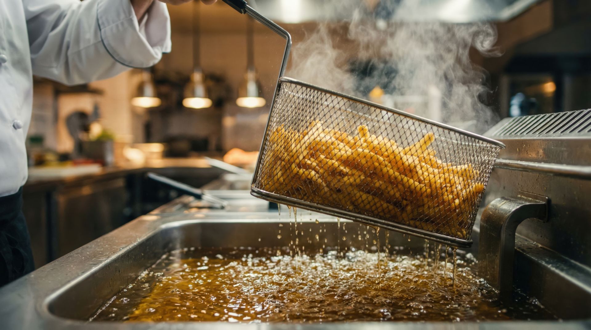 Panier de frites au-dessus d'un bac d'huile