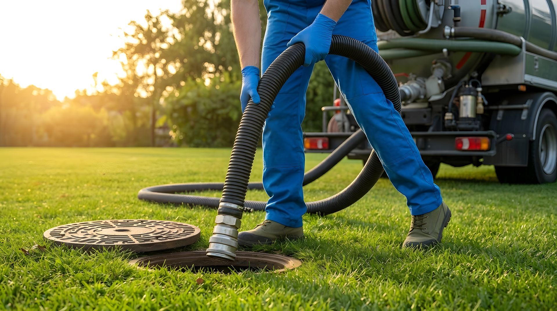 Vidange de fosse septique avec tuyau relié à un camion hydrocureur.
