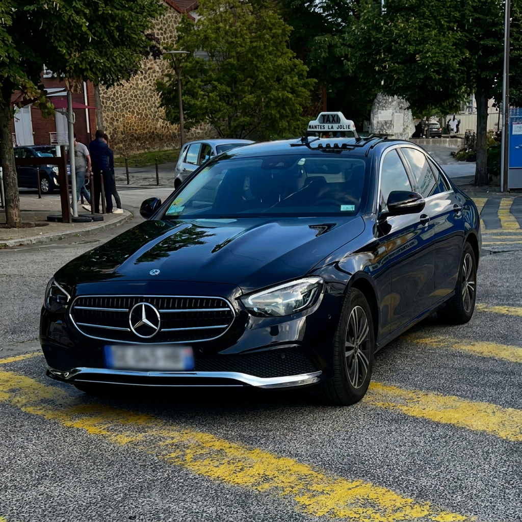 Une berline Mercedes noire est arrêtée à un carrefour, avec des marquages ​​routiers jaunes et des arbres en arrière-plan.
