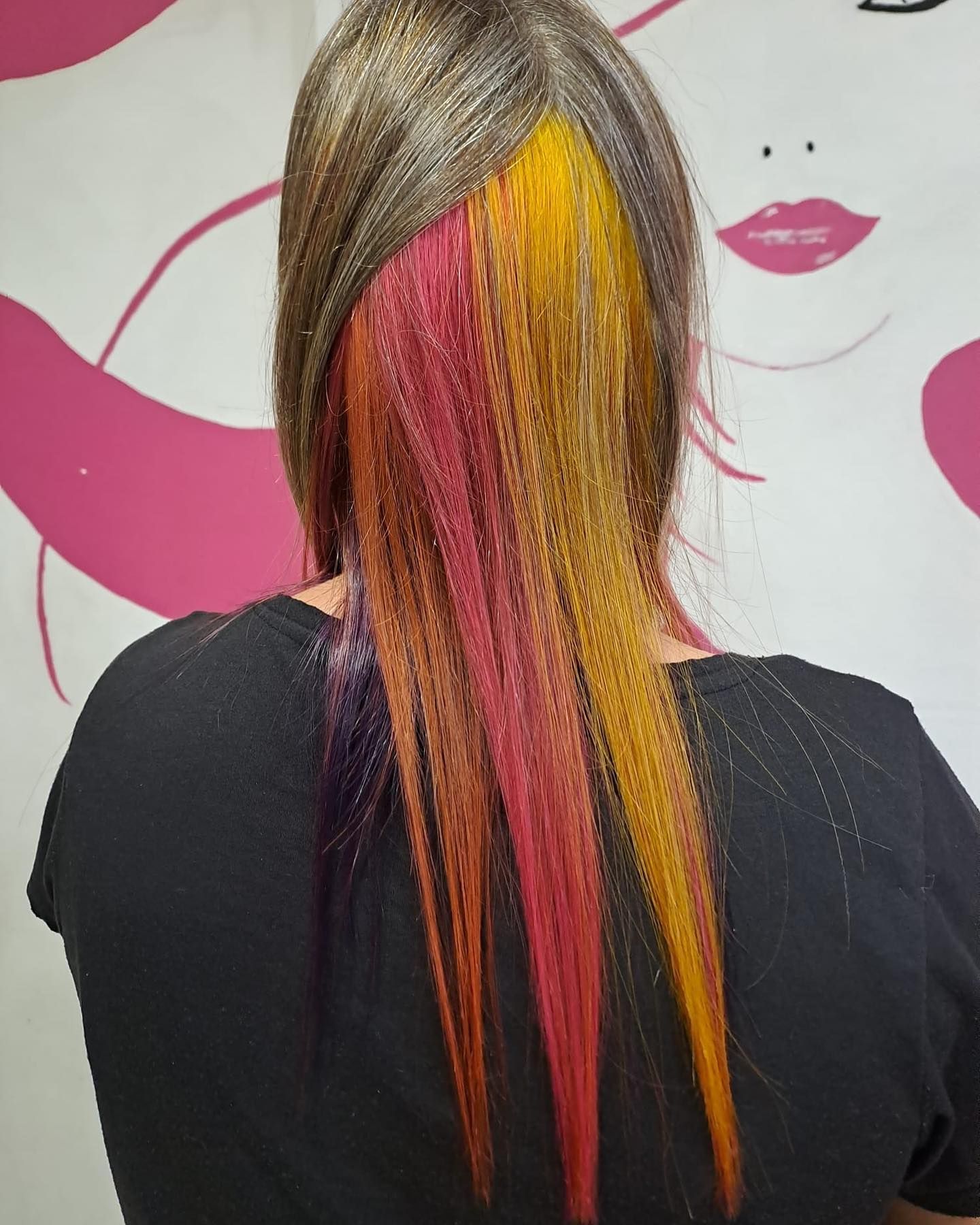 Mujer con cabello castaño grisáceo, una sección de su cabello teñida con un ombré de morado, rosa, rojo y amarillo.