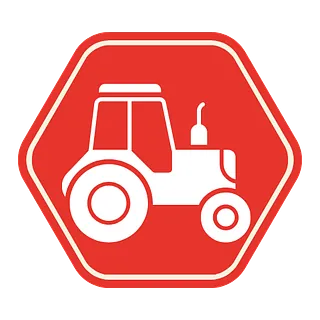 Un cartel rojo con un tractor blanco encima.