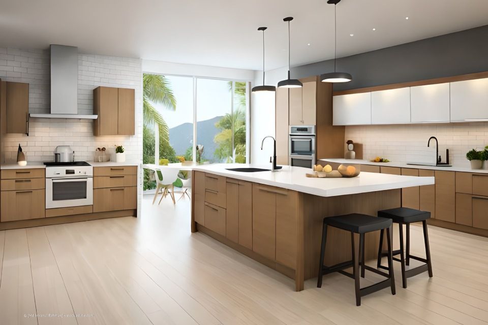 JK Fußbodenbau und Raumausstattung GmbH & Co. KG – Grafikdesign einer modernen Küche mit hellem Holzboden und Kücheninsel