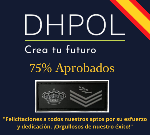 Dhpol crea tu futuro 75 % aprobados escrito sobre fondo azul