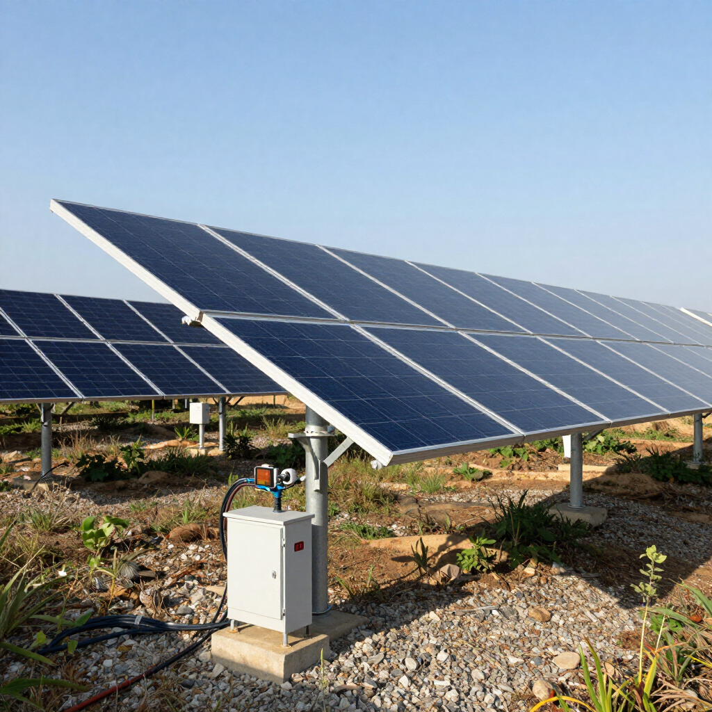 Paneles solares en un campo soleado con una caja de control en primer plano.