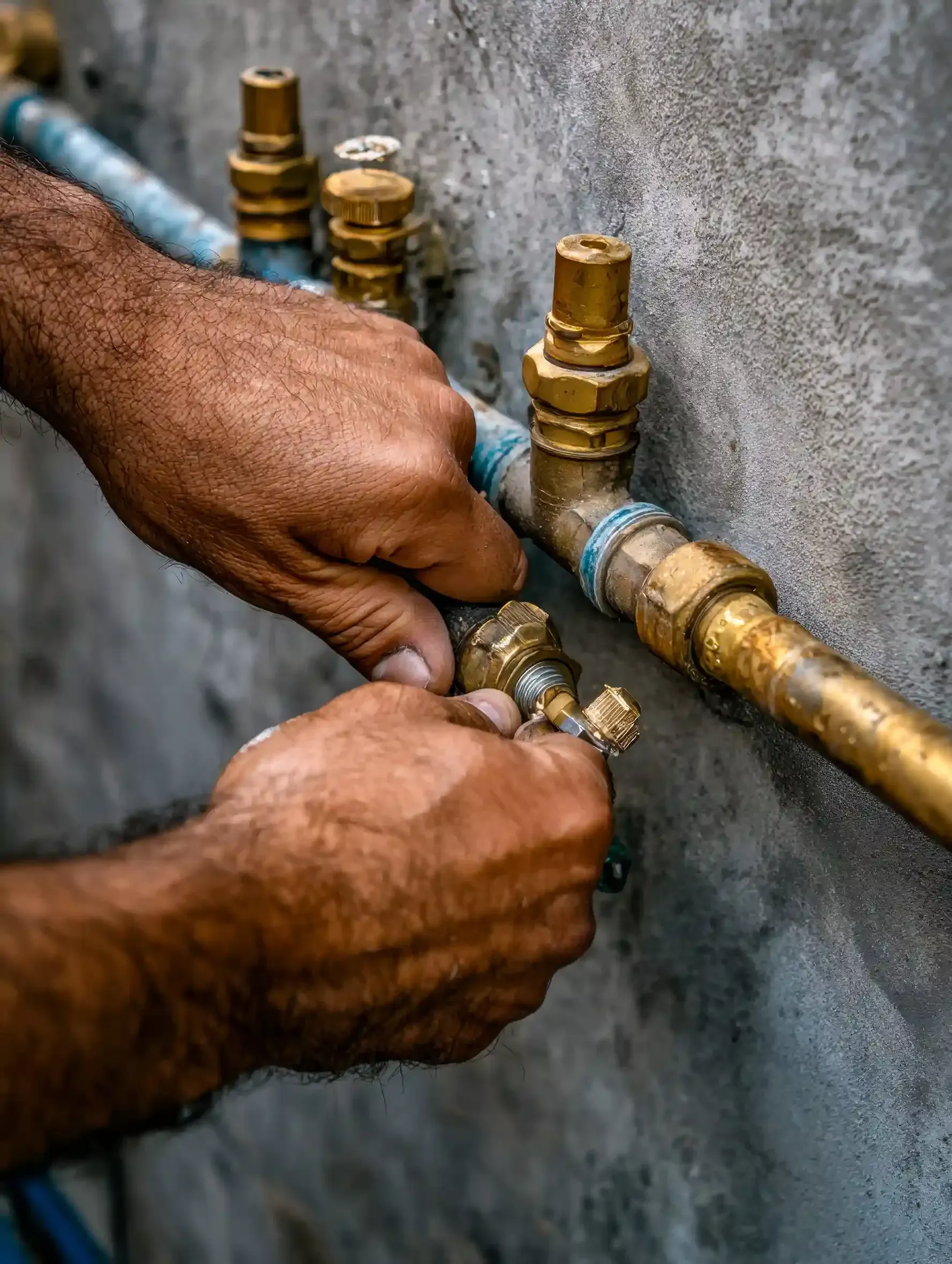 Varias personas trabajan en una conexión de fontanería de latón a lo largo de una pared de hormigón.