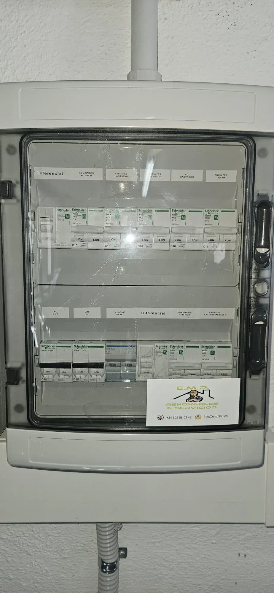 Un panel de disyuntores eléctricos de plástico blanco montado en la pared 