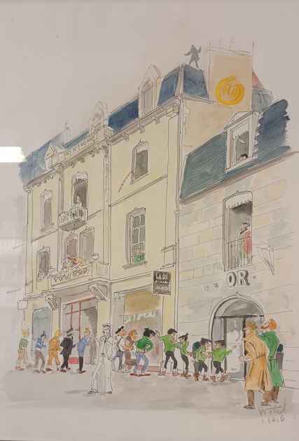 Illustration à l'aquarelle représentant un groupe de personnes rassemblées devant un bâtiment beige, dans une scène de rue de style européen.