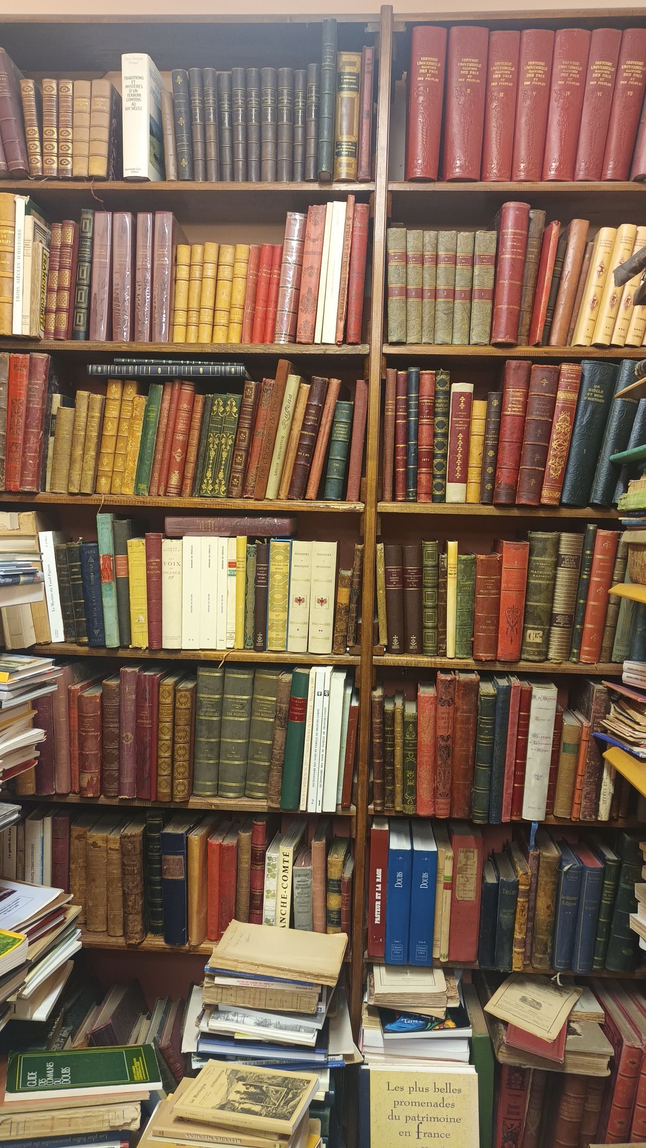 Des étagères en bois allant du sol au plafond, densément remplies de nombreux livres anciens, colorés et reliés en cuir.