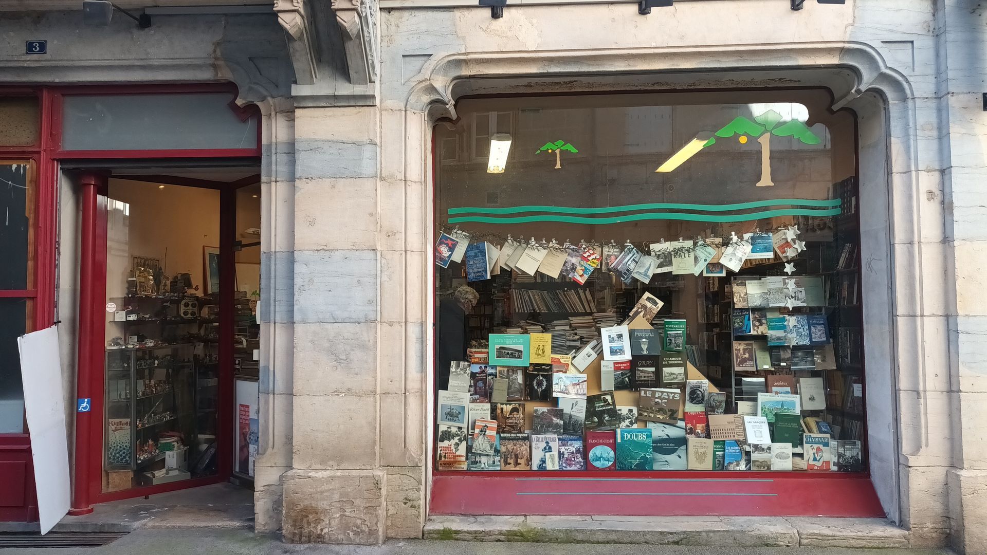 Une devanture de magasin avec une grande vitrine exposant de nombreux livres, ornée de palmiers décoratifs en papier au-dessus de la vitrine.