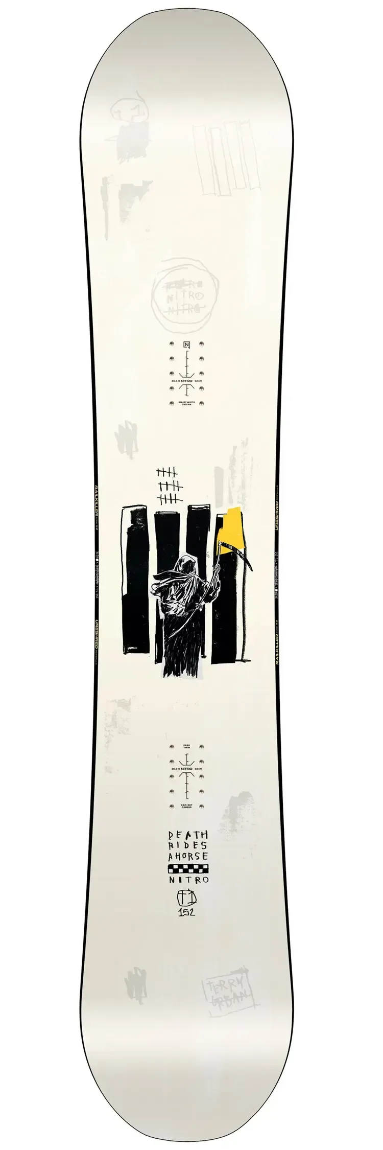 Snowboard blanc avec un motif noir et jaune au centre.