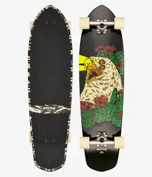 Deux skateboards cruiser noirs. L'un est orné d'un aigle, l'autre d'un motif noir et blanc.