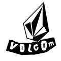 Logo Volcom : pierre géométrique noire et blanche avec le texte « VOLCOM » sur une base dentelée.