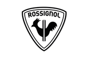 Logo Rossignol : un coq noir à lignes verticales inscrit dans un écusson blanc et noir.