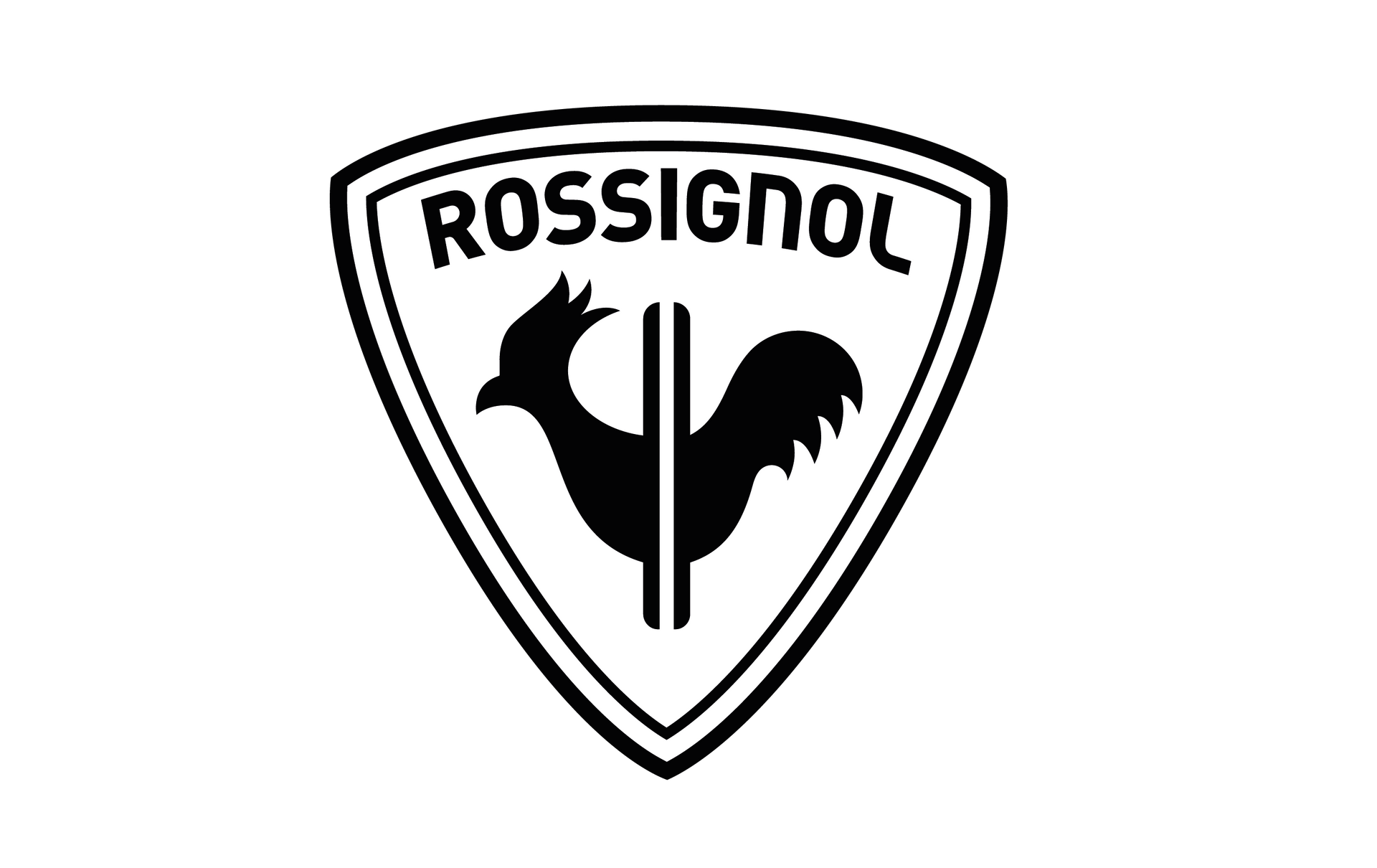 Logo Rossignol : un coq noir à lignes verticales inscrit dans un écusson blanc et noir.