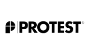 Logo « PROTEST » en noir et blanc. Le « P » est surmonté d'une croix stylisée inscrite dans un carré.