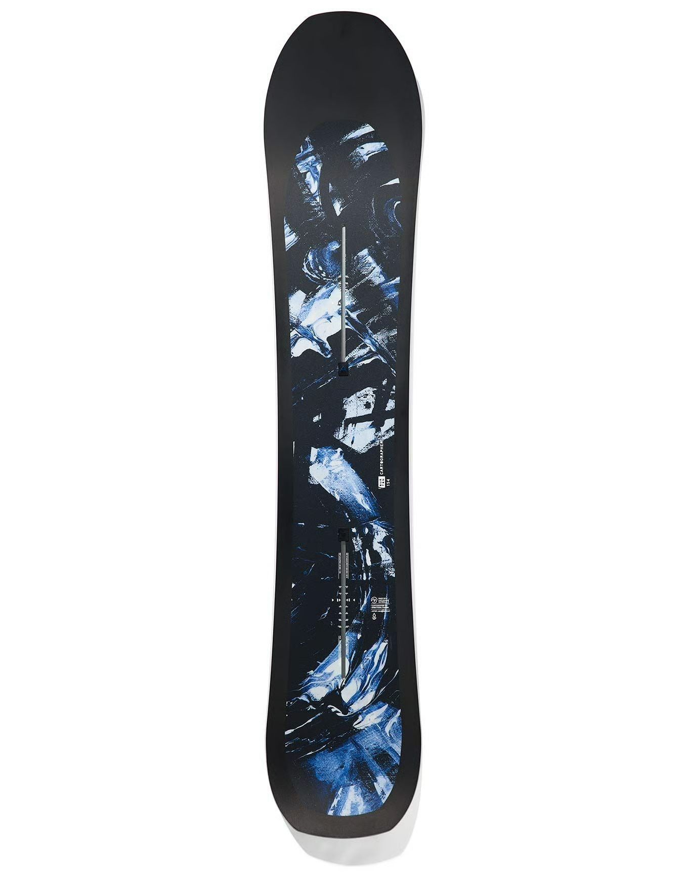 Snowboard Burton noir et bleu avec un design graphique abstrait.