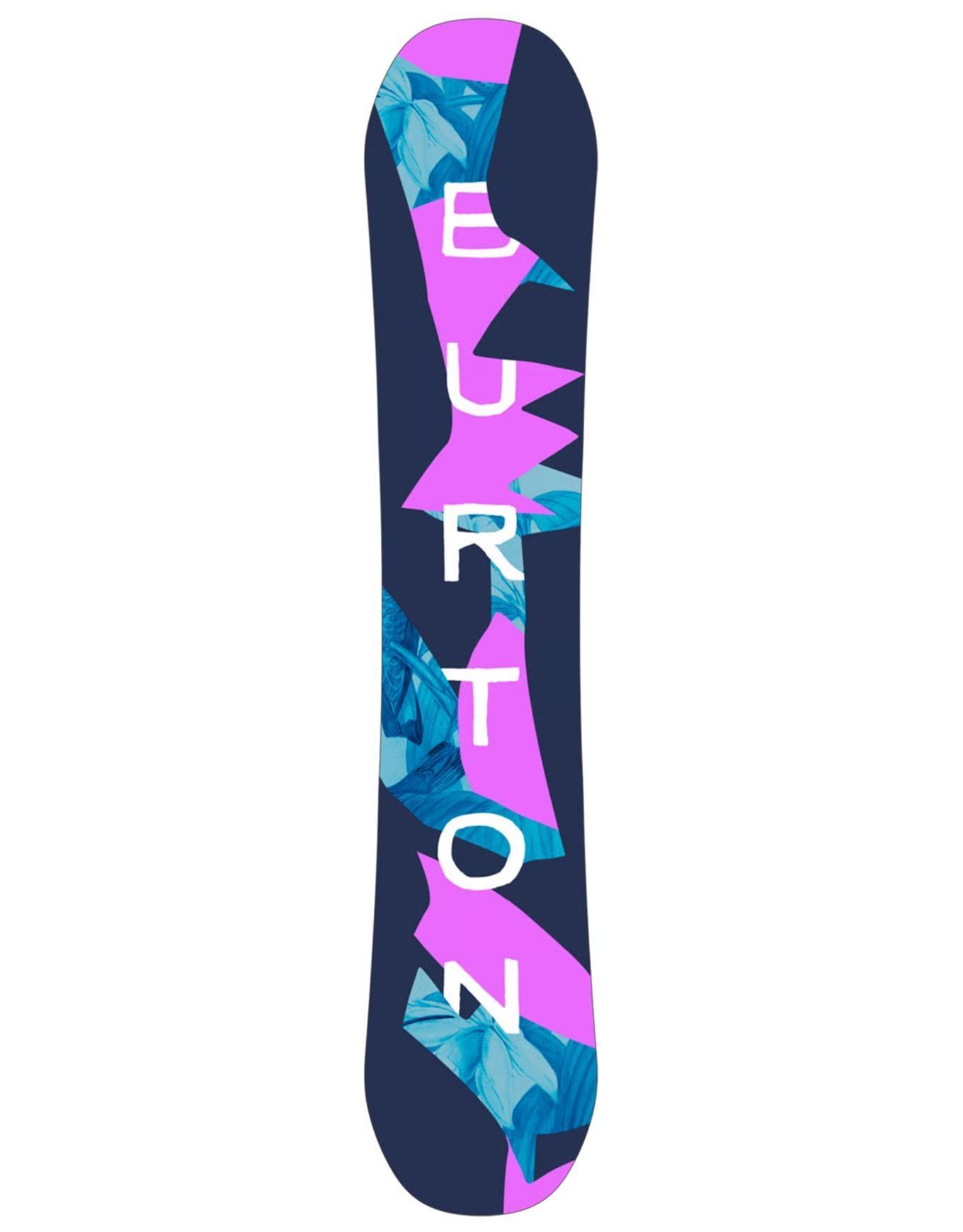 Snowboard bleu et blanc à motif floral.