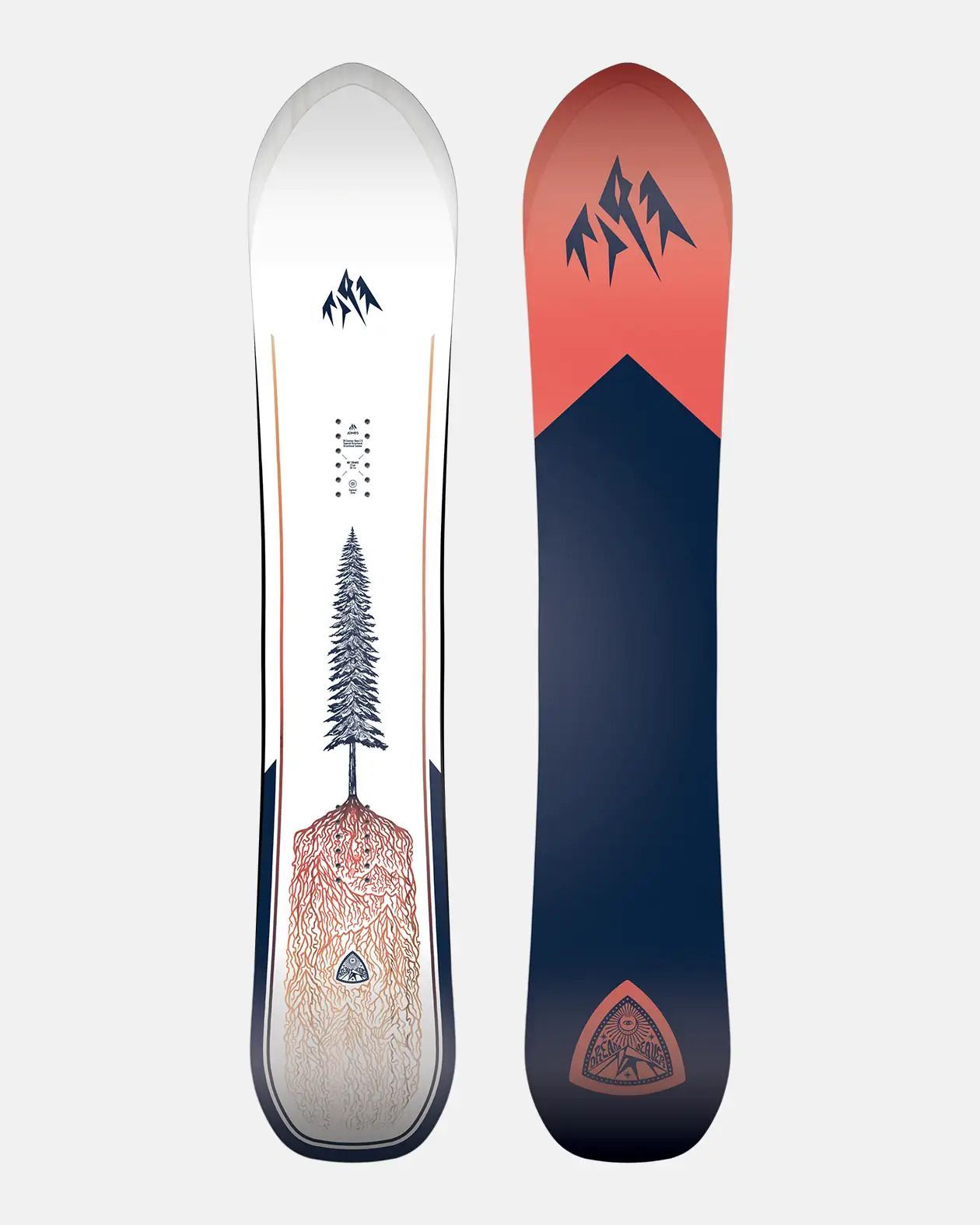 Deux modèles de snowboards Jones, dessus blanc avec motif d'arbre, dessous bleu/rouge.