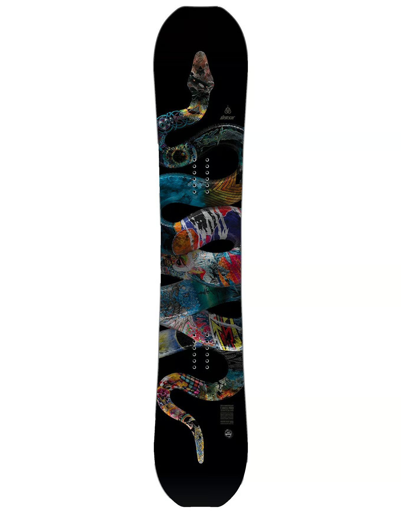 Snowboard noir avec un motif serpent coloré.