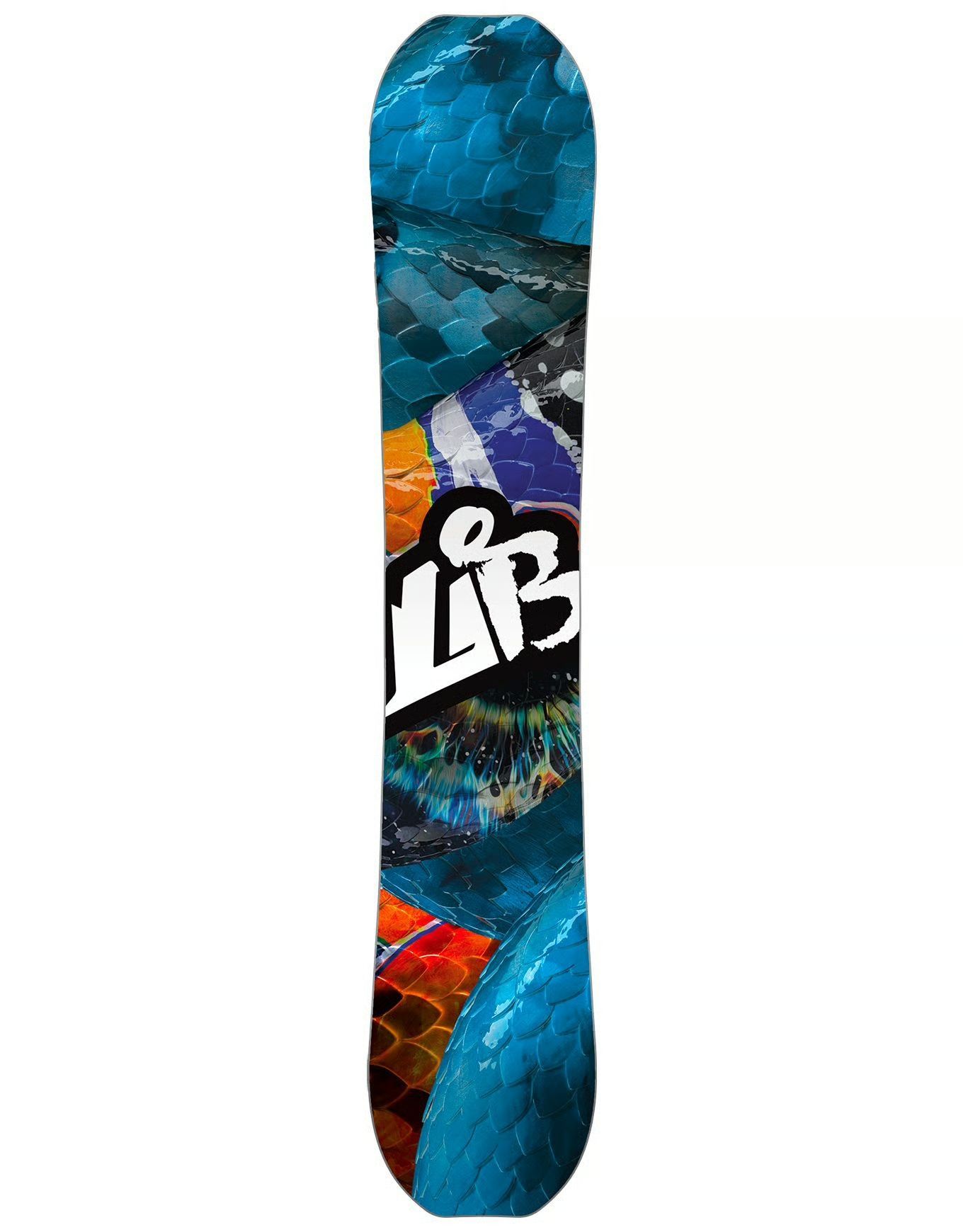 Snowboard noir avec un motif serpent coloré.