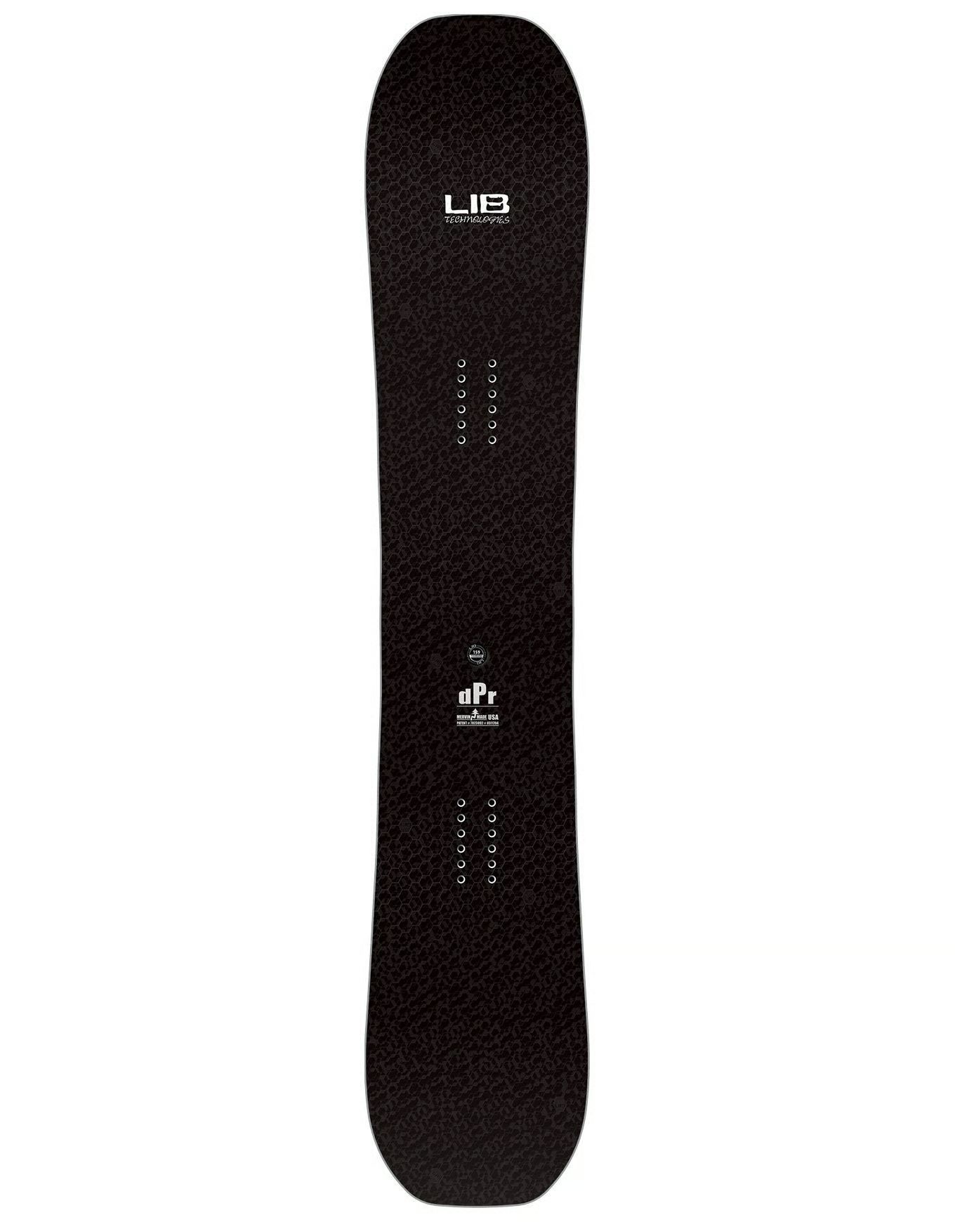 Snowboard Lib Tech noir avec logo et marquages ​​blancs.