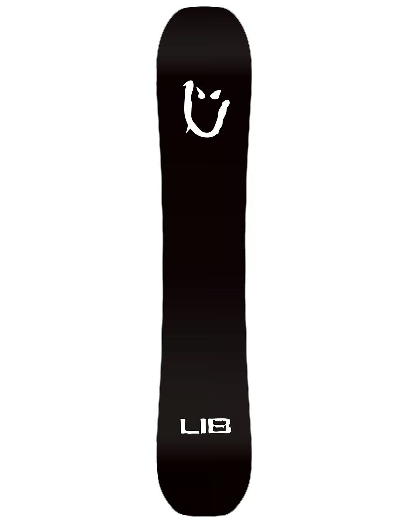 Snowboard Lib Tech noir avec logo et marquages ​​blancs.