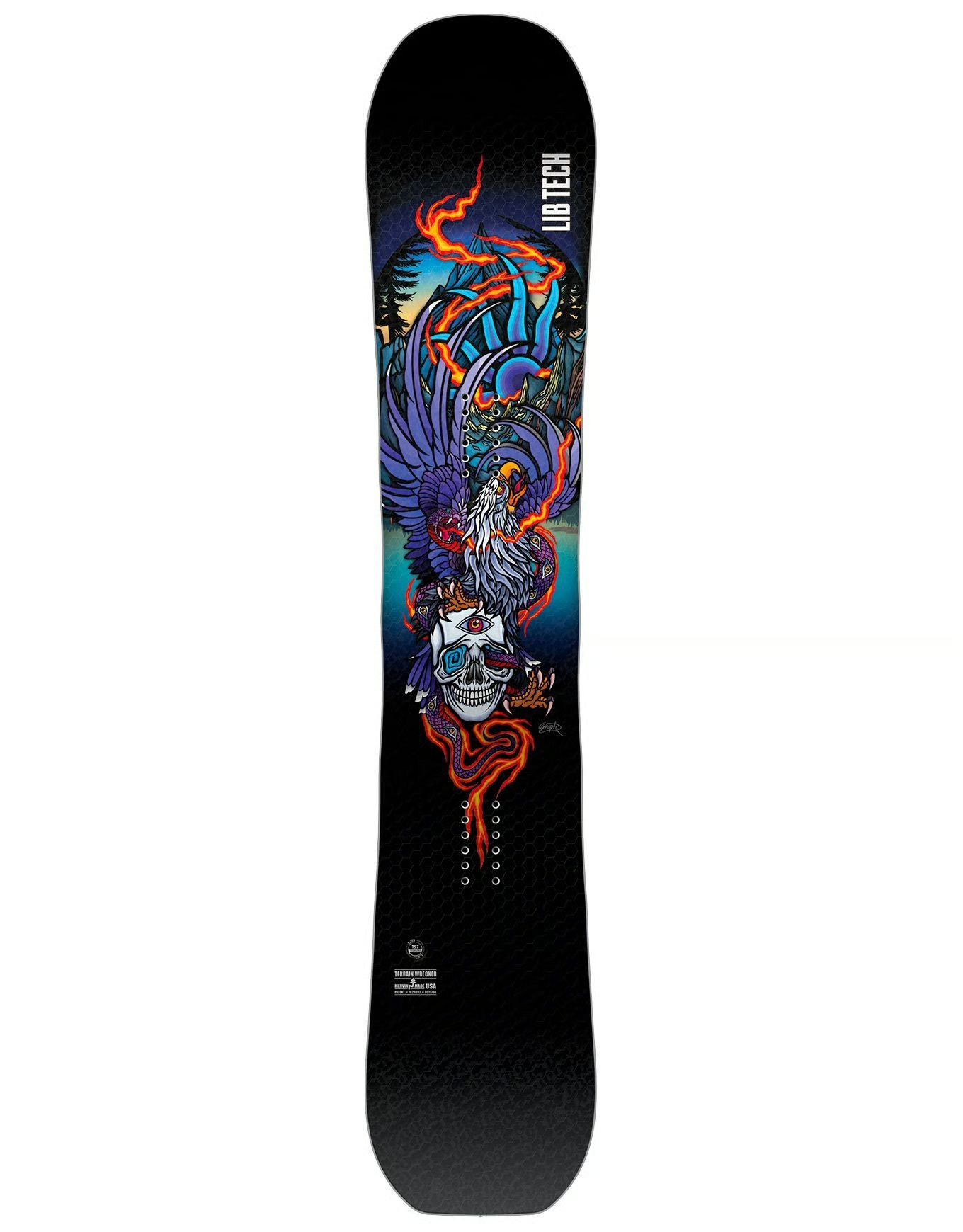Snowboard noir avec un motif de dragon coloré.