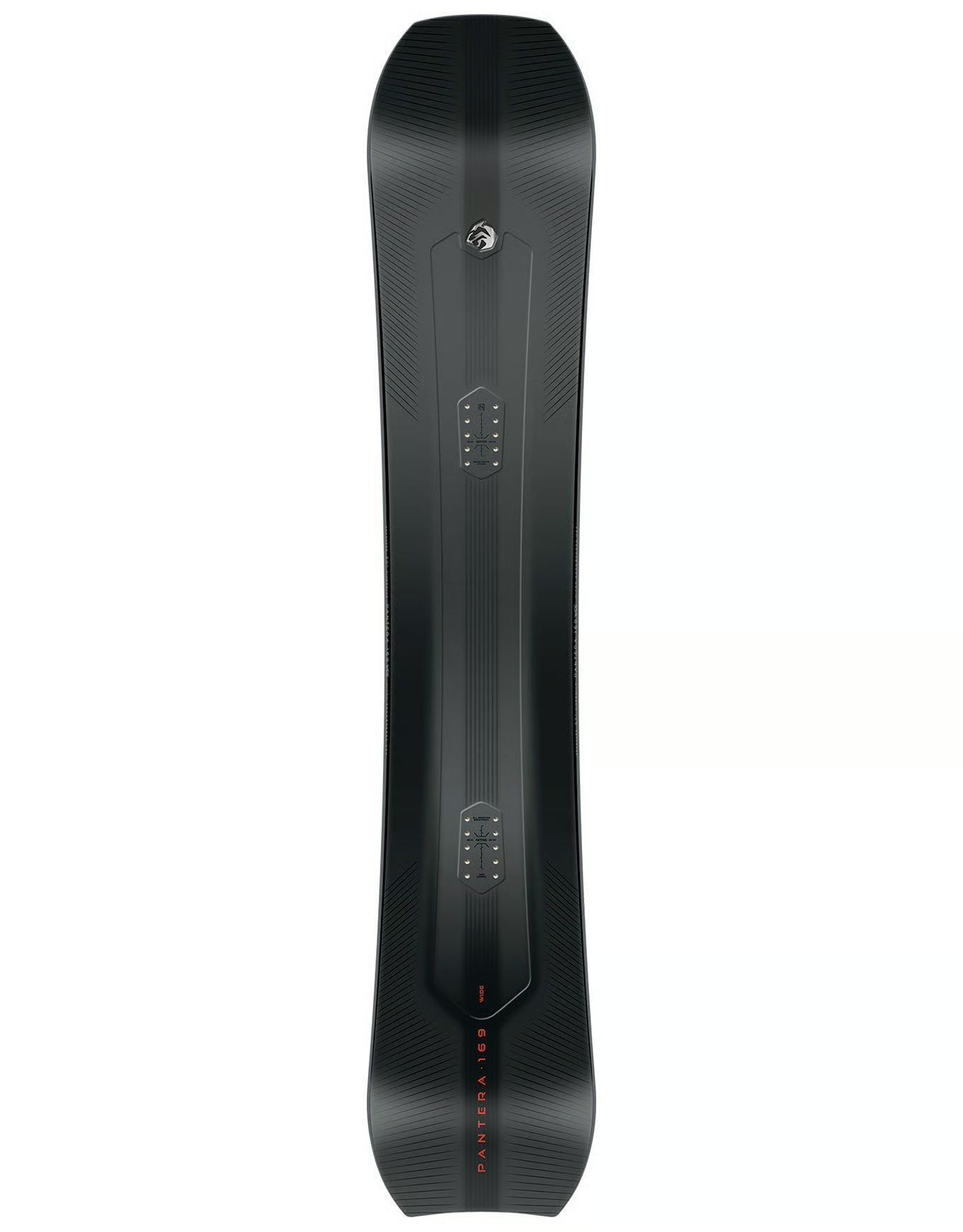 Snowboard noir avec surface texturée, fixations et logo centré.