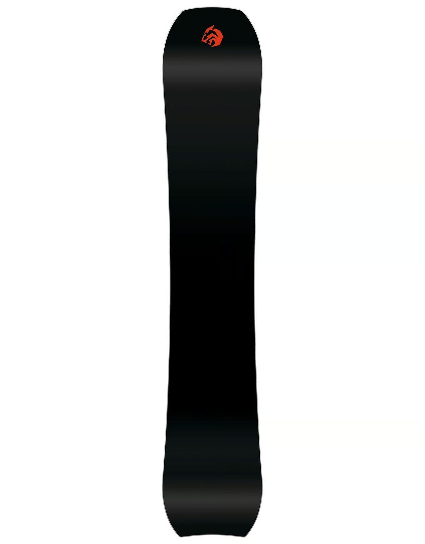 Snowboard noir avec surface texturée, fixations et logo centré.