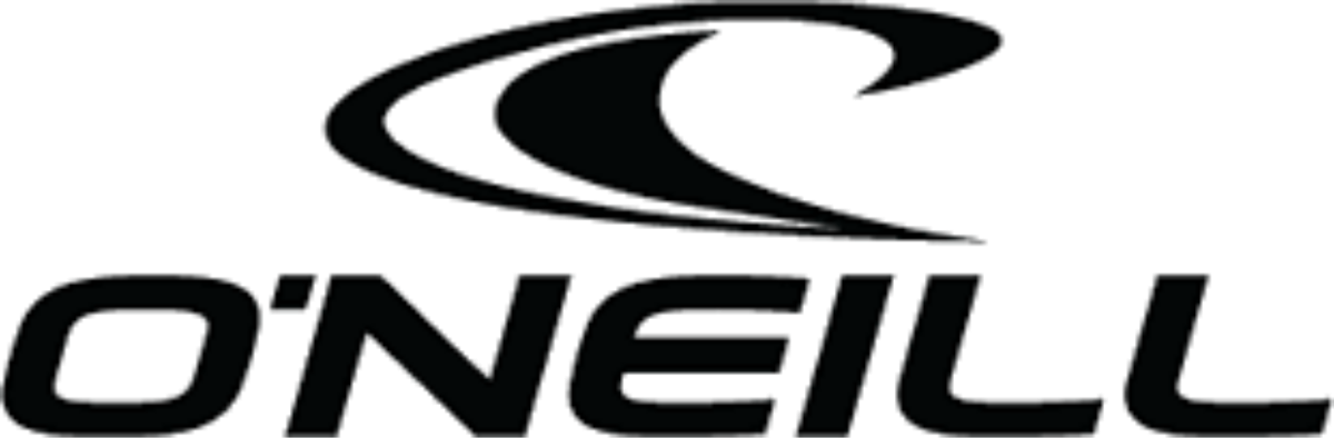 Logo O'Neill avec un motif graphique noir incurvé au-dessus du nom de la marque en caractères noirs.