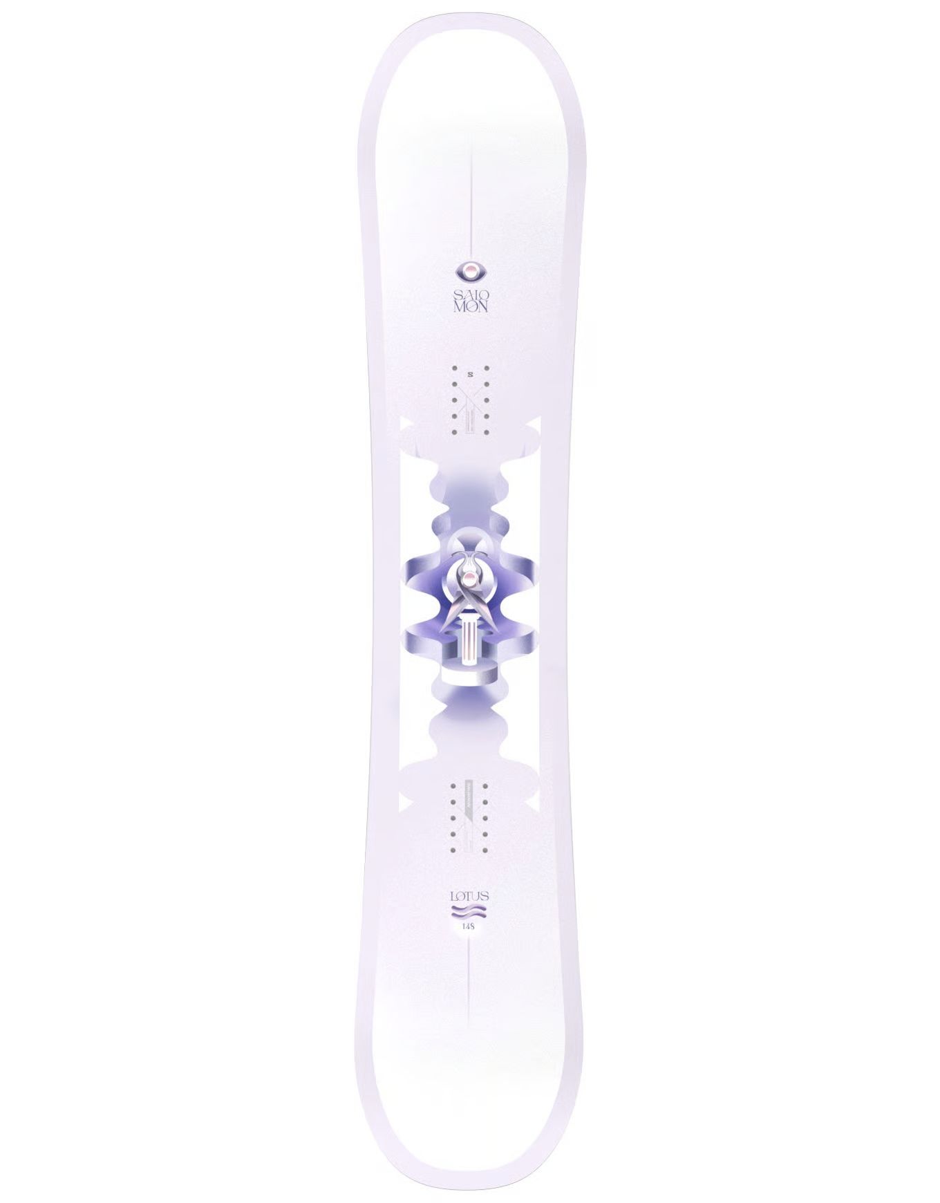 Snowboard blanc avec un motif squelettique violet au centre, sur fond blanc.