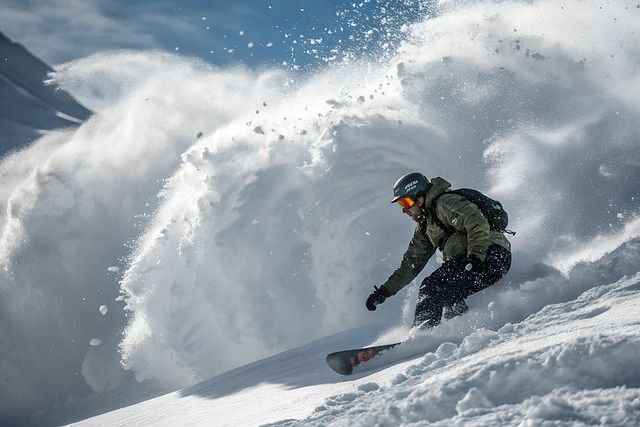 Un snowboardeur dévale une pente enneigée en soulevant un gros nuage de poudreuse.