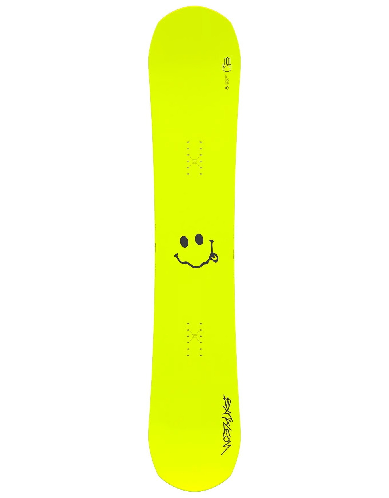 Snowboard jaune avec un motif de smiley.