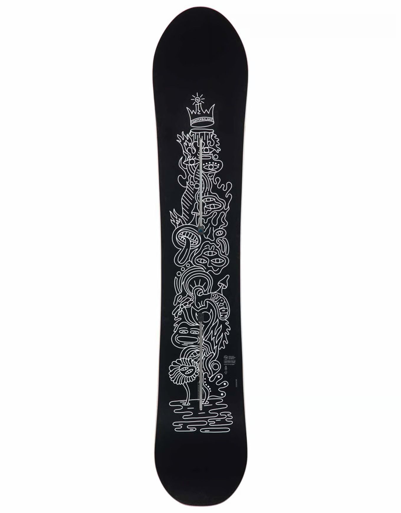 Snowboard noir avec motif graphique blanc.