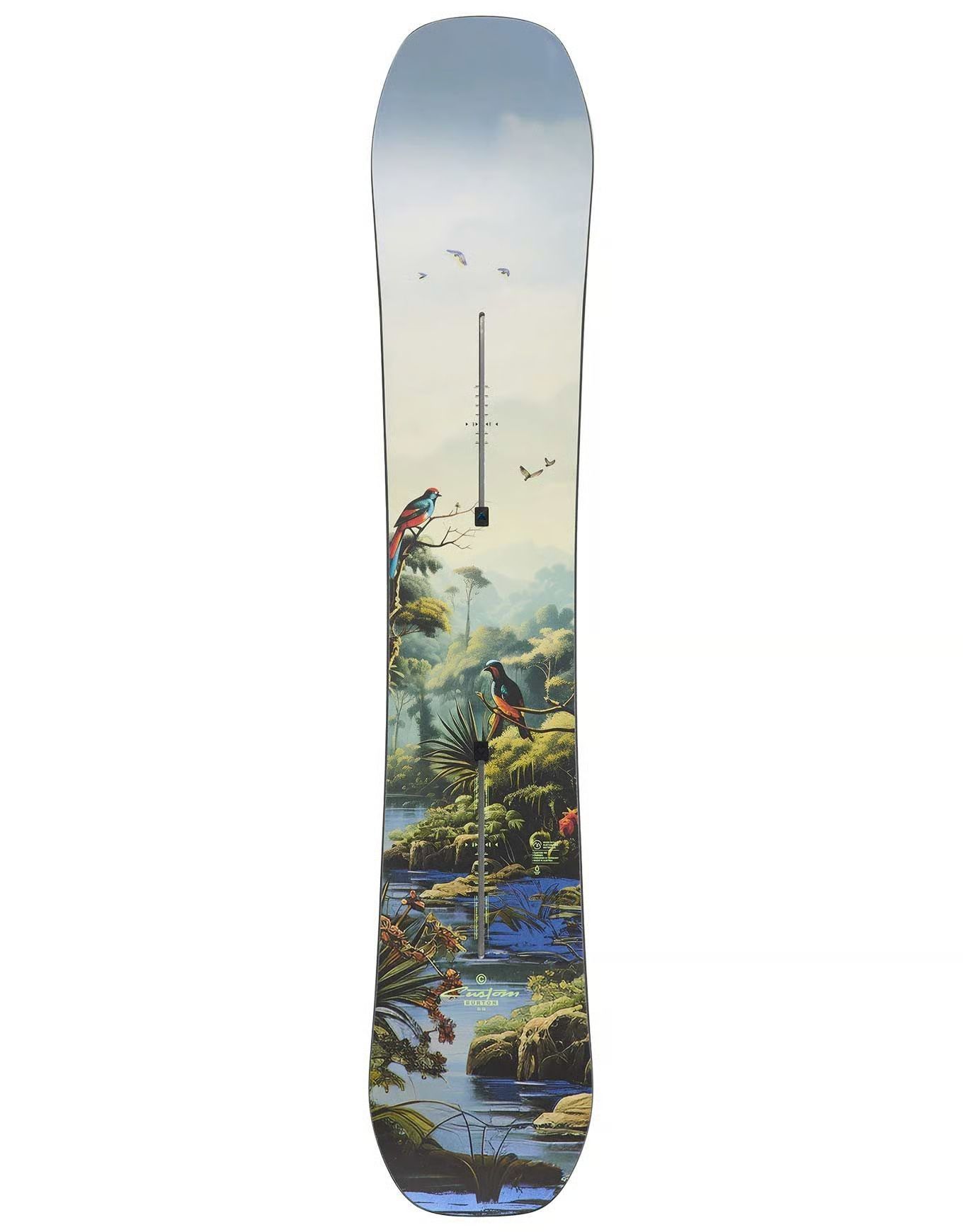 Snowboard orné d'un motif paysager : rivière, arbres, oiseaux.