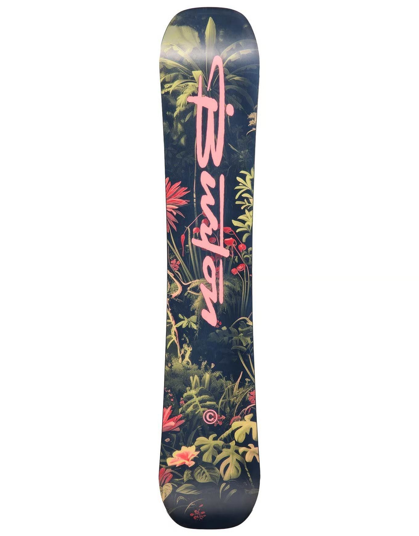 Snowboard orné d'un paysage représentant une rivière, des arbres et des oiseaux.