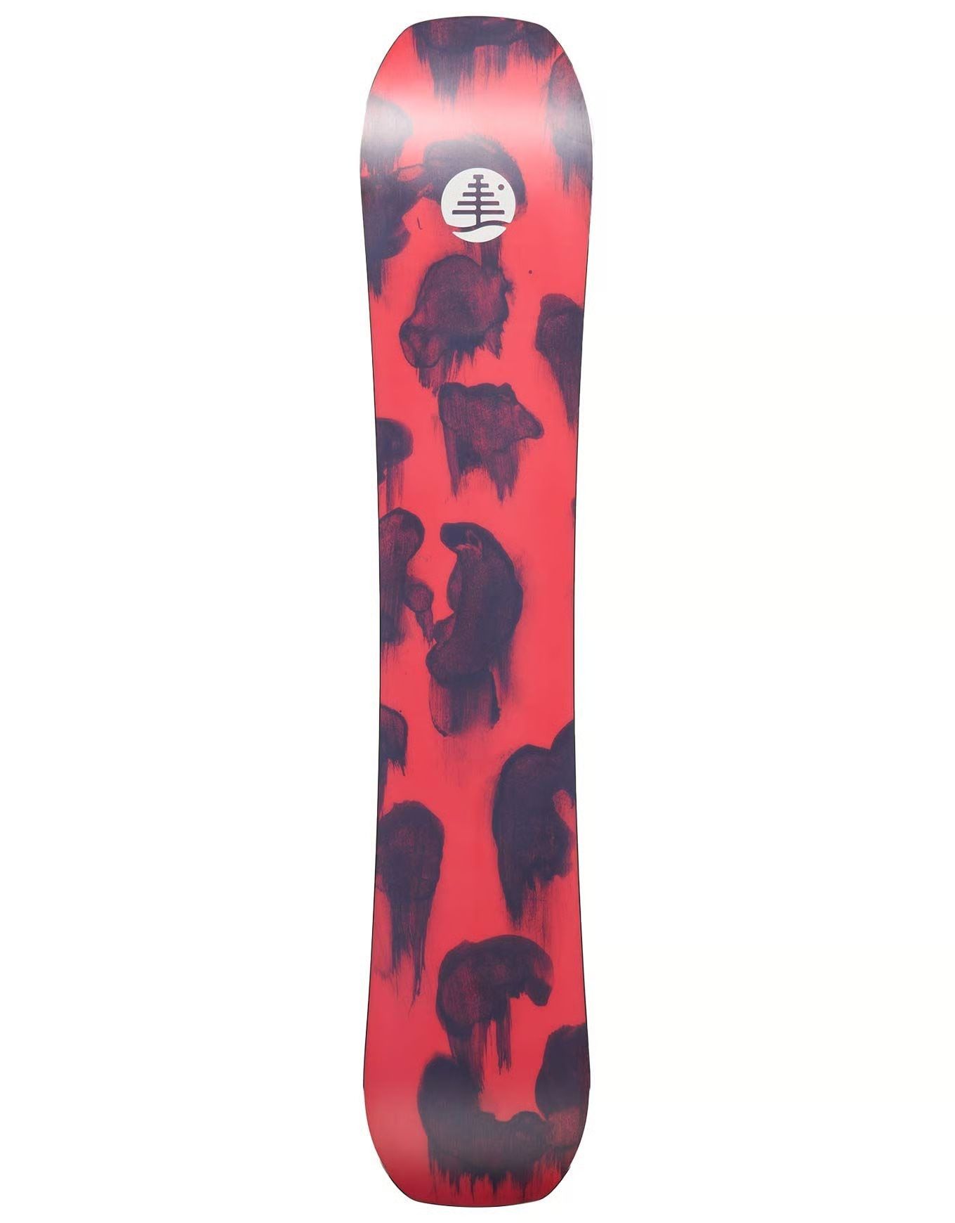 Snowboard beige avec motif floral et inserts de fixation.