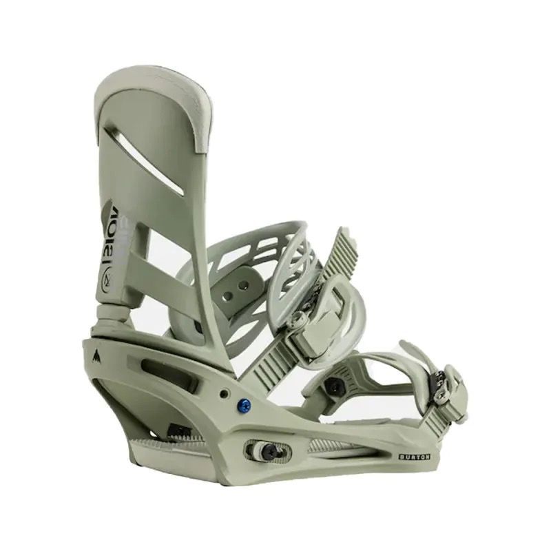 Fixation de snowboard vert clair avec sangles réglables, pour la fixation sur un snowboard.
