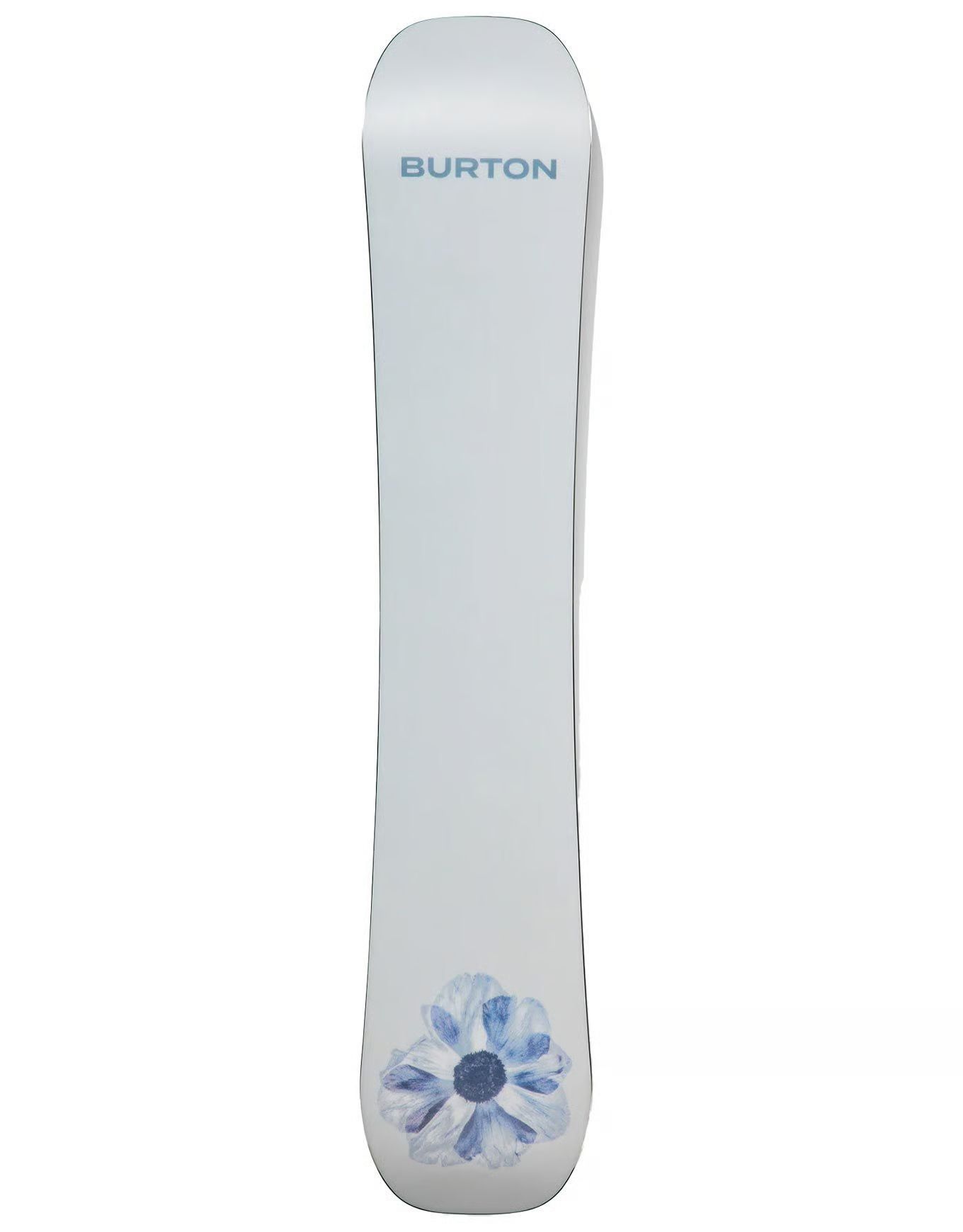 Snowboard noir et bleu à motif floral.