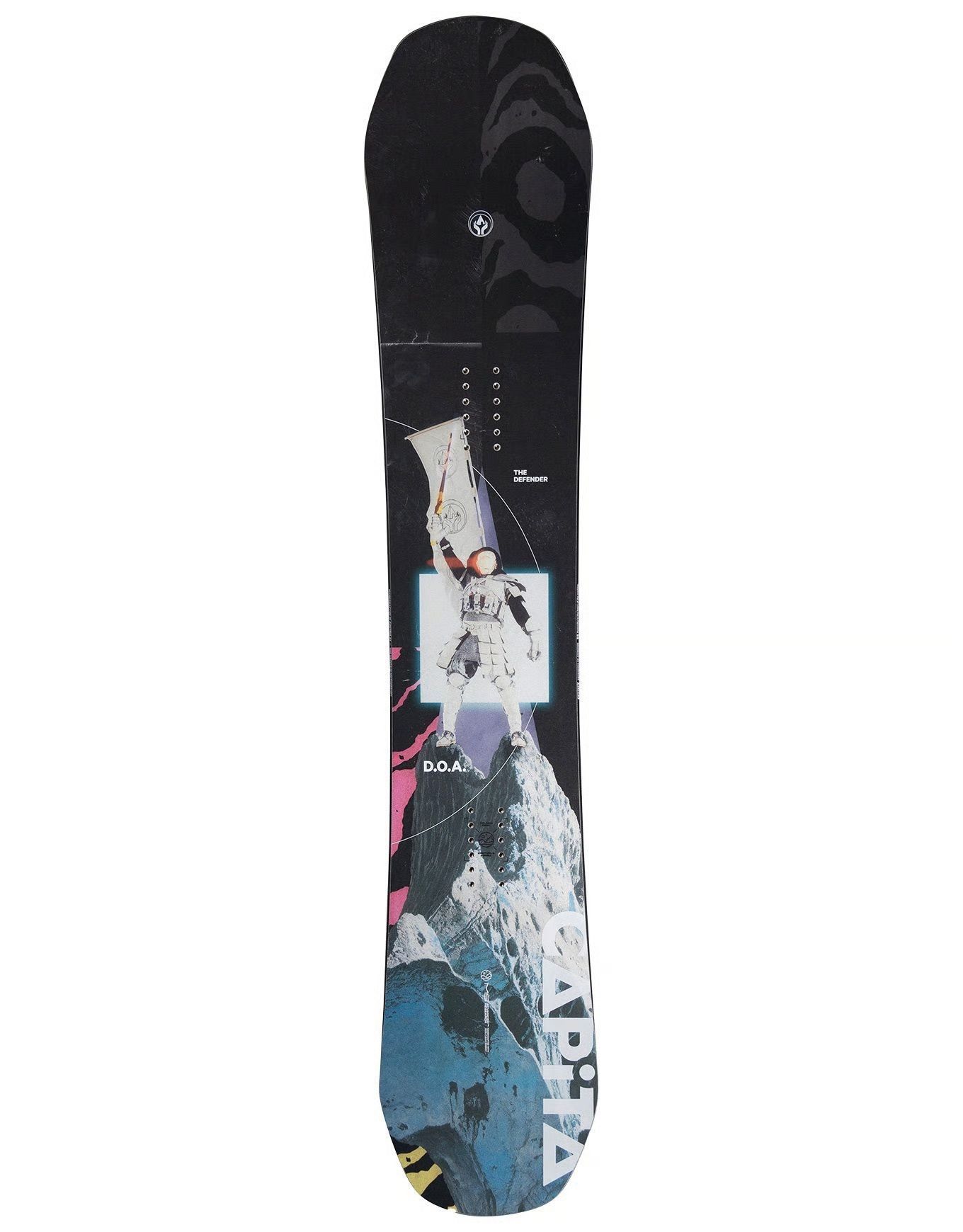 Snowboard avec dessus noir et motifs abstraits colorés.