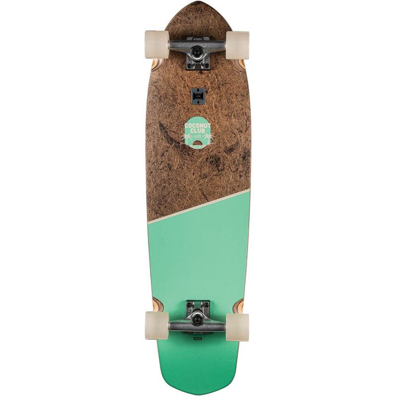 Planche à roulettes cruiser en liège et turquoise avec roues blanches, vue de dessus.