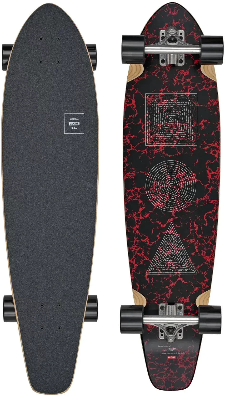 Deux vues d'un skateboard cruiser Globe : une face avec un plateau noir et du grip.