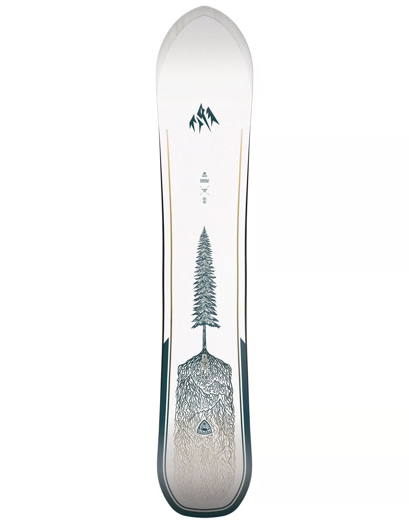 Snowboard avec une surface supérieure blanche et un motif d'arbre vert.