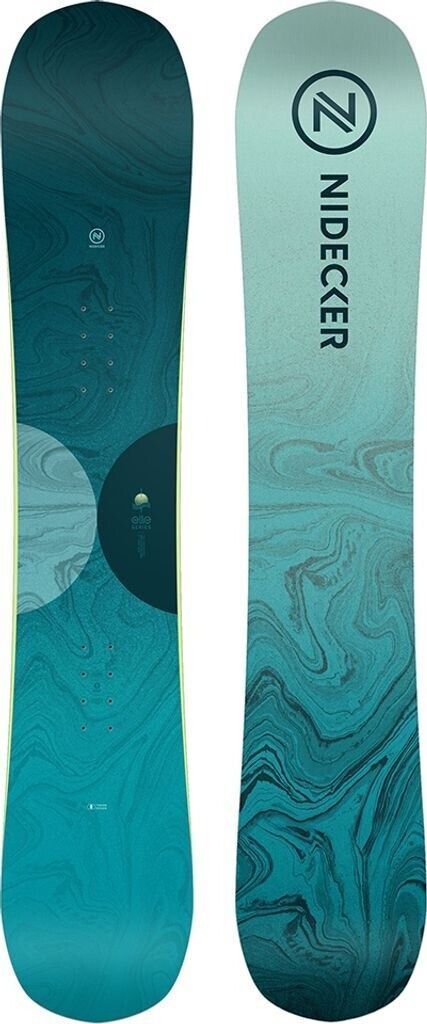 Deux snowboards Nidecker bleu sarcelle et bleu, ornés de motifs abstraits tourbillonnants.