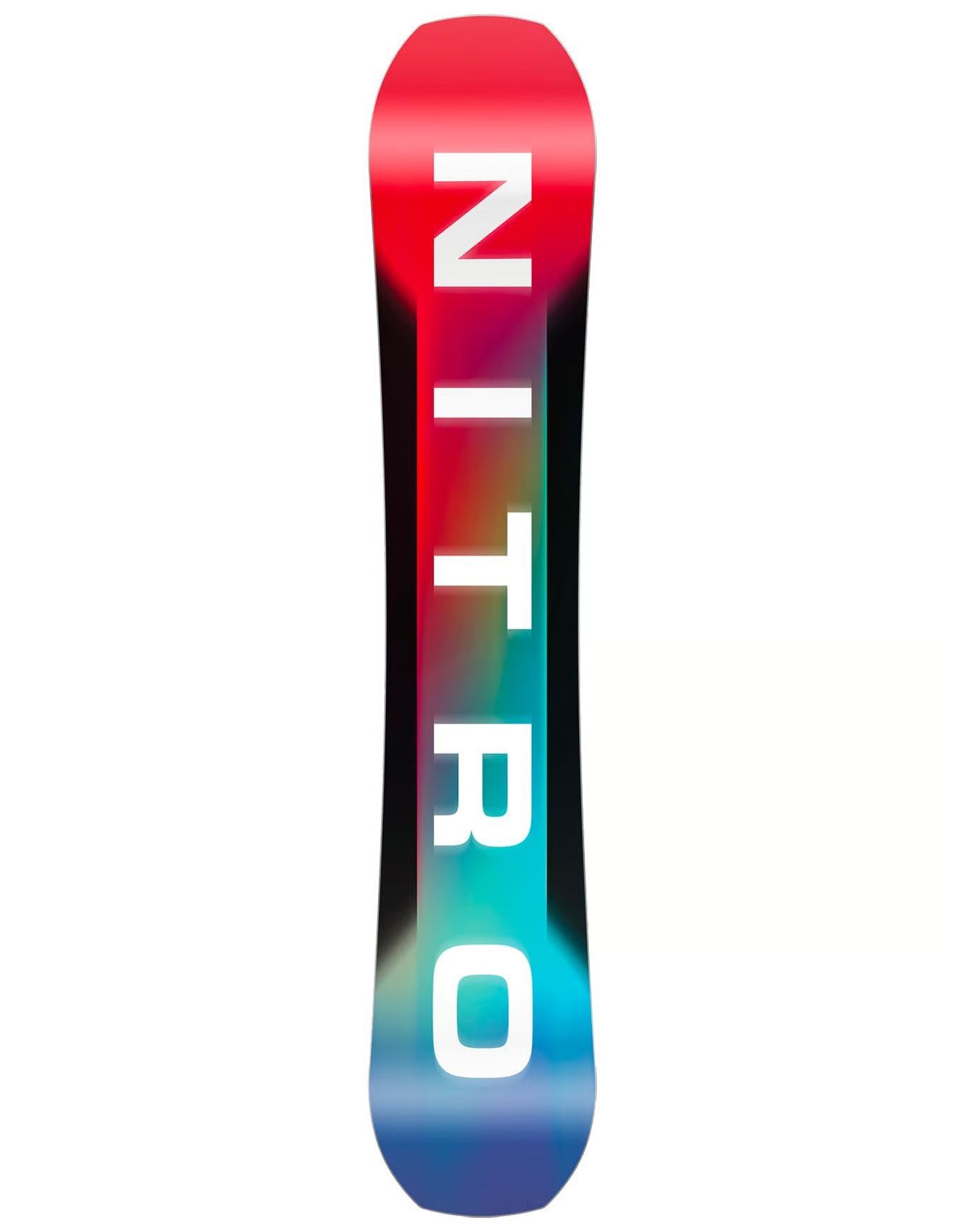 Snowboard orné d'un motif abstrait et coloré dans des tons de bleu, de vert et de rouge sur fond noir.