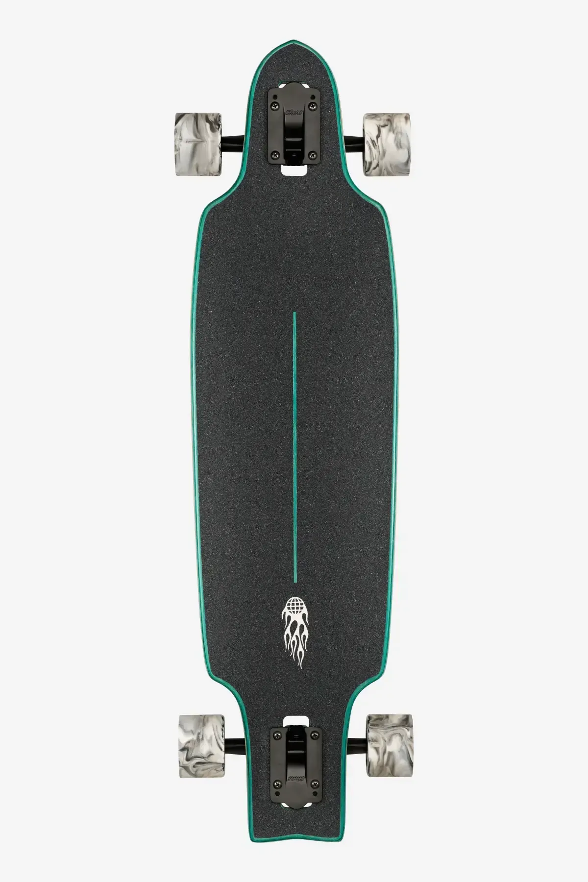 Longboard avec plateau noir orné de flammes turquoise, trucks argentés et noirs, roues grises.