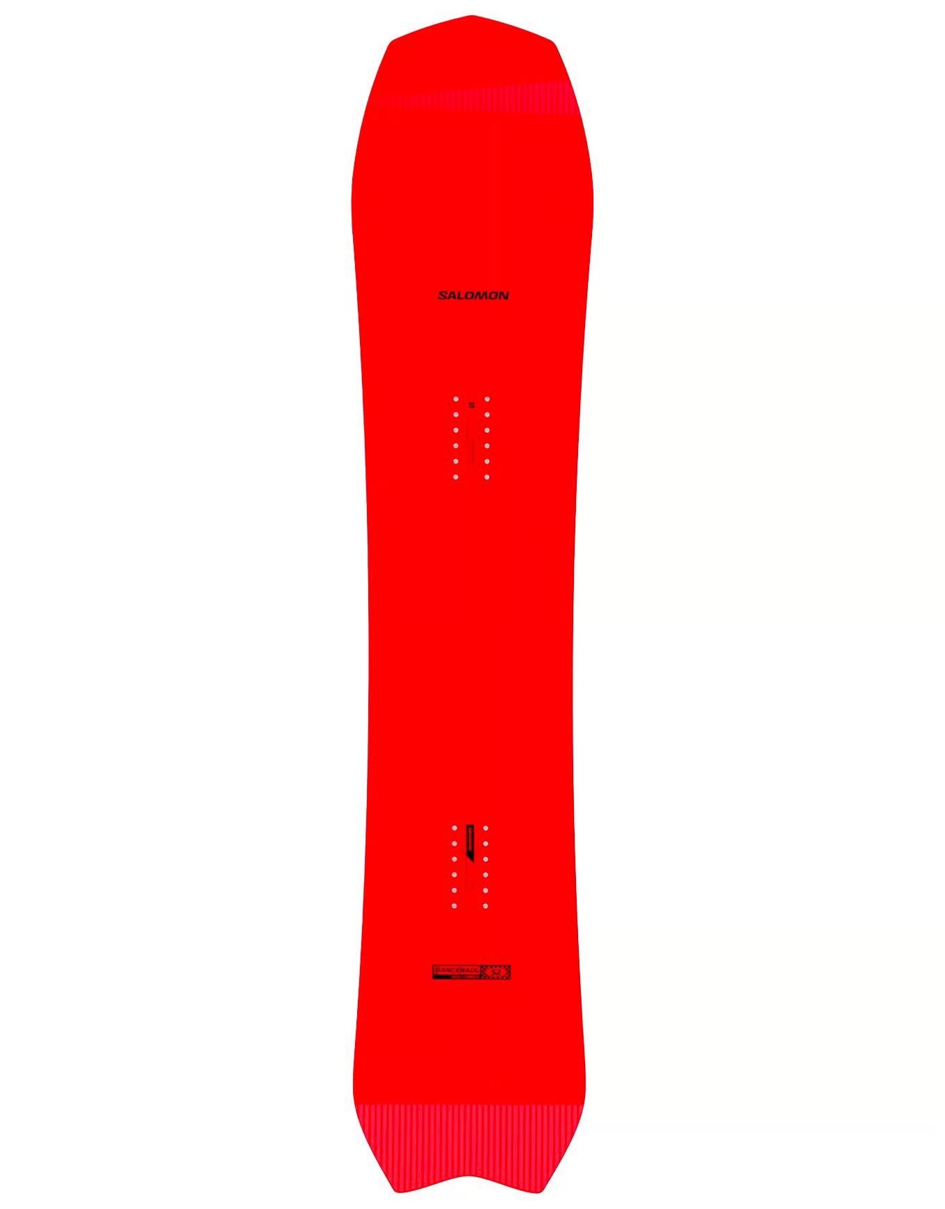 Snowboard Salomon rouge avec logo noir.