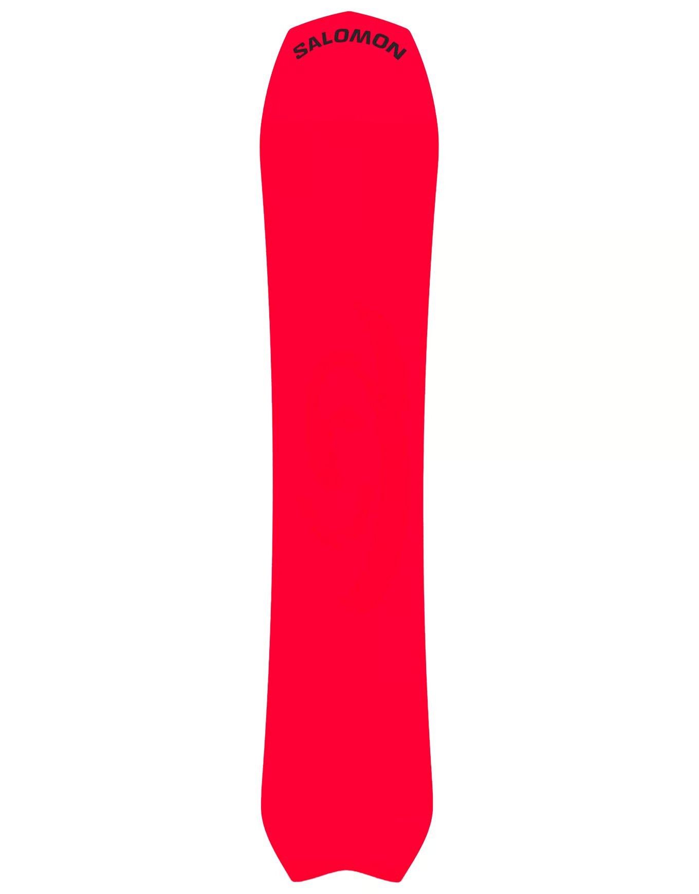 Snowboard Salomon rouge avec logo noir.