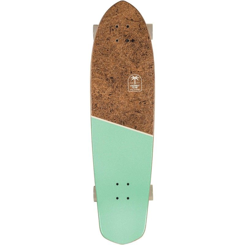 Planche à roulettes cruiser en liège et turquoise avec roues blanches, vue de dessus.